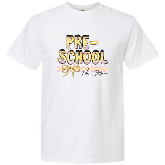 PENCIL GRADE & BOW WITH CUSTOM NAME - WHITE TEE