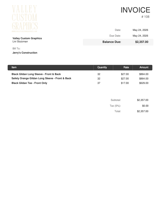 CUSTOM ORDER - JERRY'S CONSTRUCTION
