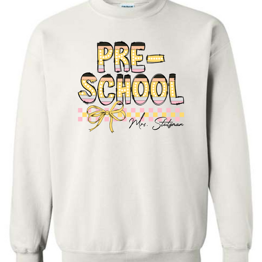 PENCIL GRADE & BOW WITH CUSTOM NAME - WHITE CREWNECK SWEATSHIRT